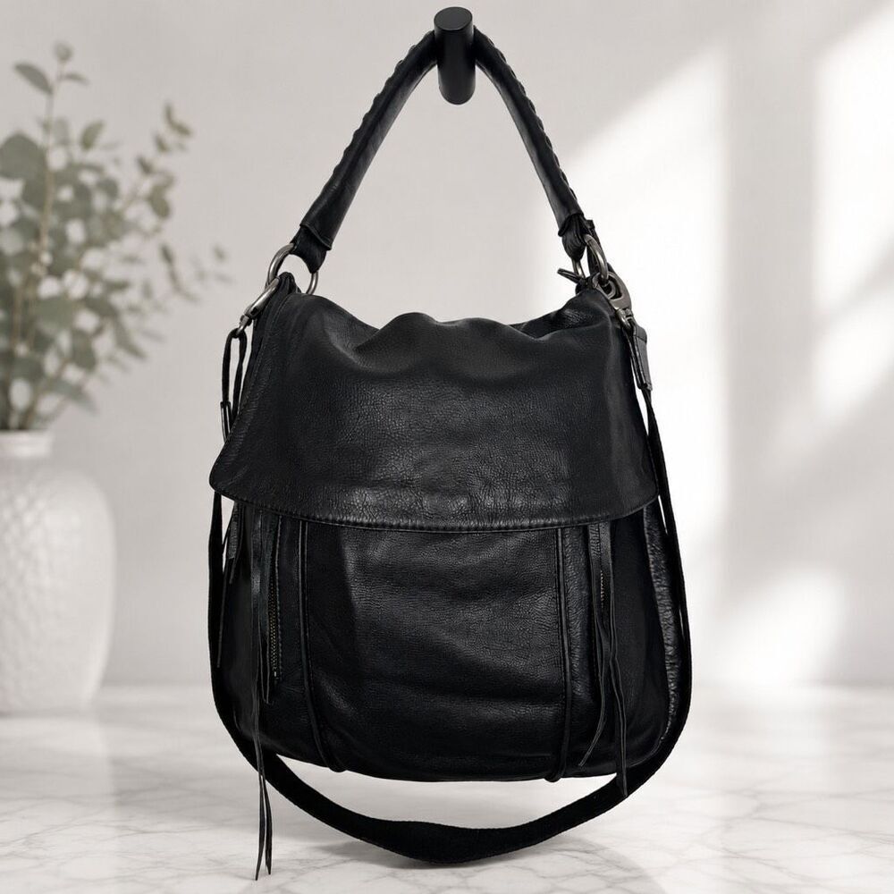 Christopher Kon Black Leather Hobo Crossbody Bag Braided Strap Fringe Tassels